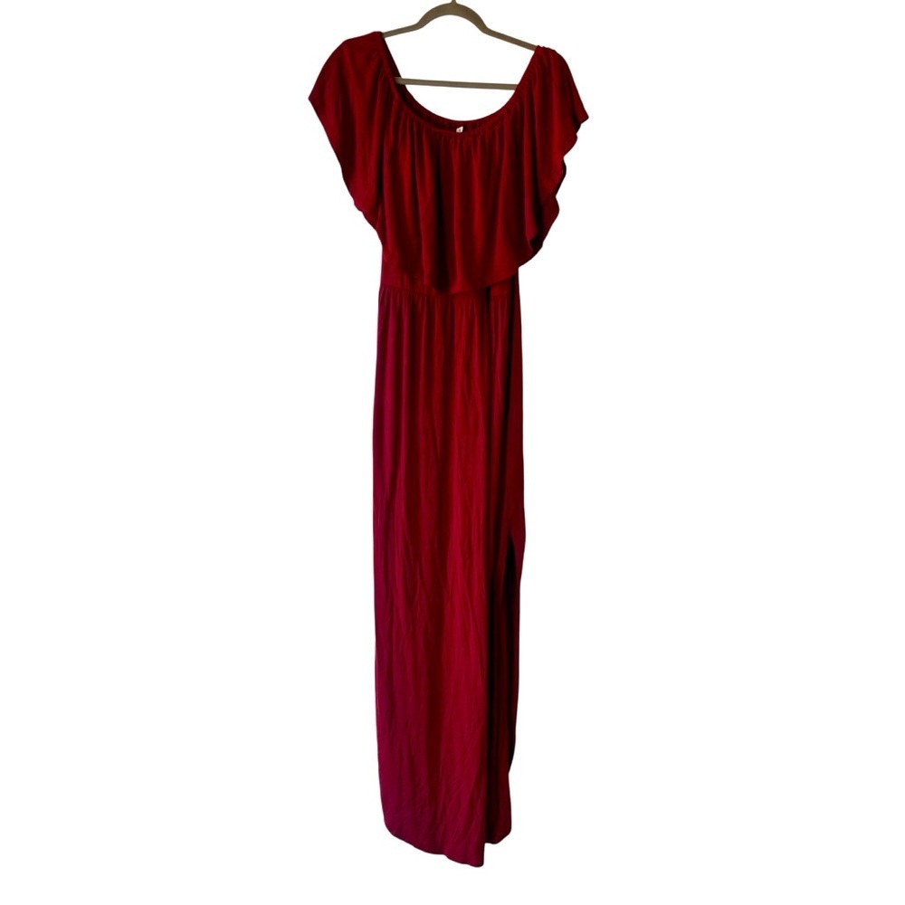 Burgundy Maxi Dress Women’s Size Large L Off Shoulder Flutter Sleeve Slit Gown